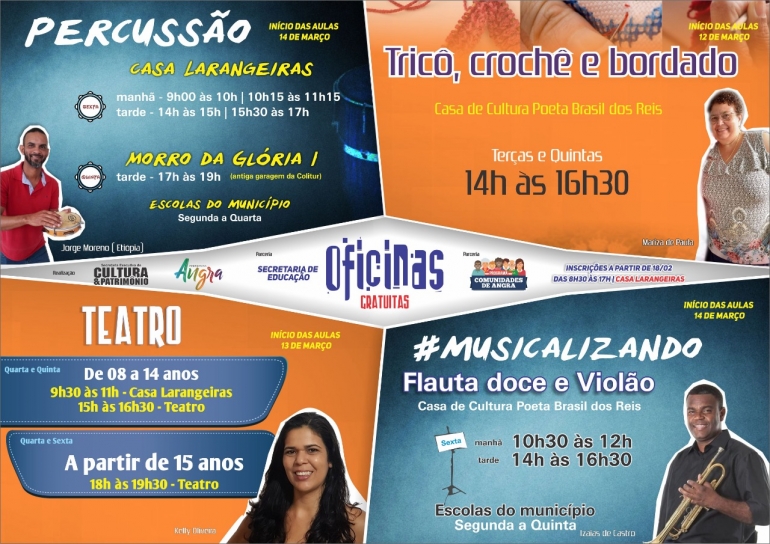 Angra dos Reis abre inscrições para cursos gratuitos de música, teatro, tricô, crochê e bordado