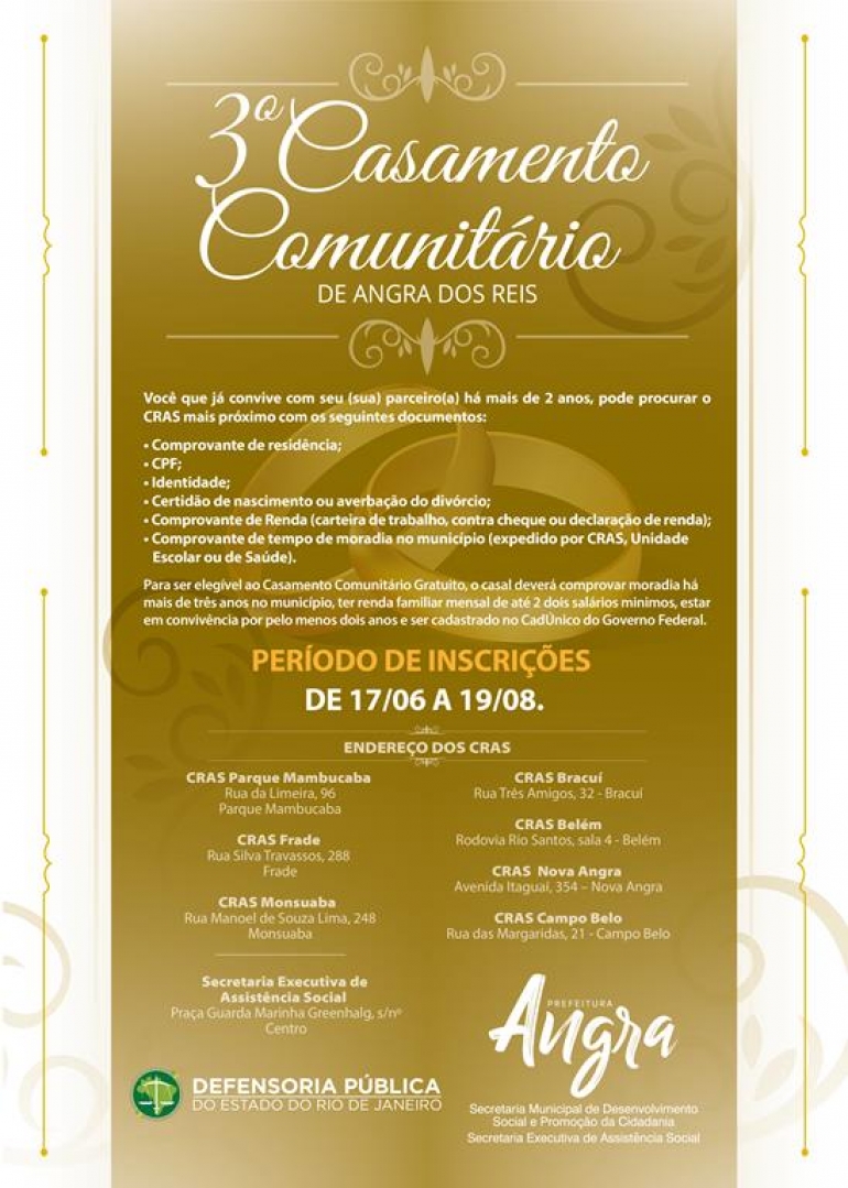 Começam as inscrições para o 3º Casamento Comunitário em Angra